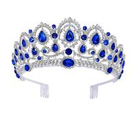 FRCOLOR Couronne de Reine Baroque en Cristal Bandeau de Strass de Diadème de Princesse Vintage avec Des Bijoux Couronne de Reine Baroque Ronde avec Peigne pour Femme Dame (Bleu)