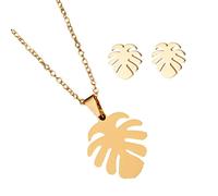 FRCOLOR Ensemble Bijou Monstera Collier Et Boucles D'oreilles Dorées Tropicales, Alliage Léger, Bijoux Nature Pour Femme, Style Hawaïen, Taille Petite