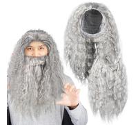 FRCOLOR Ensemble Postiche et Barbe de Sorcier Gris Long pour Cosplay et Fête D’Halloween Accessoire Costume Adulte Léger et Respirant Déguisement Carnaval et Photo Booth