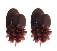 FRCOLOR Lot de 2 Mini Pinces à Cheveux Chapeau Haut-de-forme 13 Cm en Dentelle et Tulle Café, Ornées de Fleurs et Plumage, Accessoires Légers pour Mariage, Goûter et Coiffures