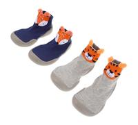 FRCOLOR Lot de 2 Paires Chaussettes-Pantoufles pour Bébé Semelle Souple Antidérapante Taille 22/23 Tissu Respirant Bleu Renard et Gris Tigre Chaussures d’Apprentissage Intérieur et