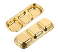 FRCOLOR Lot de 2 Plats à Sauce en Acier Inoxydable Doré Triple Compartiment, Assiettes Apéritives pour Sauces et Condiments à Domicile Restauration