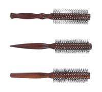 FRCOLOR Lot de 3 Brosses Rondes Volumisantes en Bois Rouge-brun, Picots Nylon pour Démêlage Doux, Peigne pour Cheveux Bouclés, Brosse de Coiffage Portable pour Voyage et Brushing