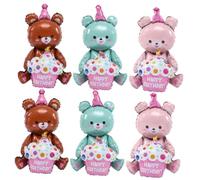 FRCOLOR Lot de 6 Ballons Animaux d'Anniversaire Ours en Aluminium 3D Décoration Fête Garçon et Filles Couleurs Rose Marron et Vert Accessoires pour Fête Thème Joyeux Anniversaire