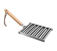 FRCOLOR Rouleau à Saucisses pour Cuisson Uniforme en Acier Inoxydable Poignée en Bois, Support Pliant pour Barbecue, Accessoire Camping en Extérieur