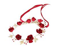FRCOLOR Serrage-Tête en de Fleurs Rouges Accessoire de Mariée Coiffe avec Perles pour Mariage et Fêtes