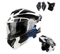 Frcychri Adulte Bluetooth Modulable Casque Moto, Gants Protection Visage, Homologué ECE Casque Moto Rabattable, Anti-Buée Double Visière, Coque Extérieure Haute Résistance, Hommes Femmes F,X-Lagre