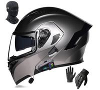 Frcychri Bluetooth Modulable Casque Moto, Flip Up Casque Moto, Homologué ECE Casque Intégraux Double Visière Microphone Haut-Parleur, Masques Gants, pour Adultes Hommes Femmes Cyclomoteur K,2X-Large