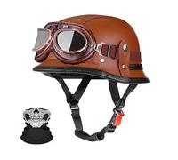 Frcychri Casque Demi-Casque De Moto Vintage Cuir RETR, Casque Bol Moto Homologué ECE avec Lunettes, pour Homme Et Femme Adultes Demi-Casques A,M (57-58CM)