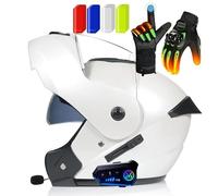 Frcychri Casque Modulable Moto Bluetooth, Flip Up Casque Moto, ECE Homologué Anti-Buée Double Visière, 40 Pièces Bandes Réfléchissantes, Gants Chauffants Tactiles, Adultes Hommes Femmes K,2X-Large