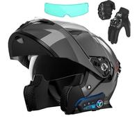 Frcychri Flip Up Casque Moto, Casque Moto Bluetooth, ECE Homologué Léger, avec Double Visière, Gants Inclus, Casques Intégraux Racing Motocross Ventilation, Casque Scooter Integral B,Large
