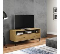 Frdhee Oslo Meuble TV, meuble TV, avec pieds en métal, en bois de pin massif, marron, pour chambre à coucher, chambre d'hôtel, salle à manger