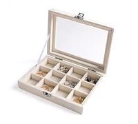Frebeauty Anneaux/Boucle D’oreille Organisateur Plateau avec Couvercle Transparent Velours Tiroir Insert Bijoux Boîte De Rangement Bijoux Vitrine Vitrine Magasin Boîte À Bijoux (beige, 12 grilles)