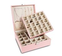 Frebeauty Boîte à bijoux classique à 50 compartiments pour ranger des boucles d'oreilles, double couche avec 6 crochets pour colliers et poche pour bracelets (rose)