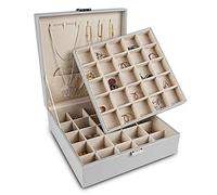 Frebeauty Boîte à bijoux classique à 50 compartiments pour ranger des boucles d'oreilles, double couche avec 6 crochets pour colliers et poche pour bracelets (gris)