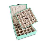 Frebeauty Boîte à bijoux classique à 50 compartiments pour ranger des boucles d'oreilles, double couche avec 6 crochets pour colliers et poche pour bracelets (turquoise)