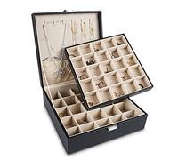 Frebeauty Boîte à bijoux classique à 50 compartiments pour ranger des boucles d'oreilles, double couche avec 6 crochets pour colliers et poche pour bracelets (noir)