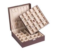Frebeauty Boîte à bijoux classique à 50 compartiments pour ranger des boucles d'oreilles, double couche avec 6 crochets pour colliers et poche pour bracelets (marron foncé)