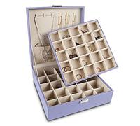 Frebeauty Boîte à bijoux classique à 50 compartiments pour ranger des boucles d'oreilles, double couche avec 6 crochets pour colliers et poche pour bracelets (violet)