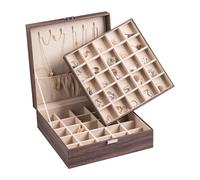 Frebeauty Boîte à bijoux classique à 50 compartiments pour ranger des boucles d'oreilles, double couche avec 6 crochets pour colliers et poche pour bracelets (marron arbre)