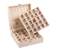 Frebeauty Boîte à bijoux classique à 50 emplacements à double couche avec 6 crochets et poche pour bracelet (beige)