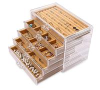 Frebeauty Boîte à bijoux extra large en acrylique pour femme 5 couches Organiseur de bijoux en velours transparent Avec 5 tiroirs Présentoir pour bagues colliers Pour femmes et filles (Kaki)
