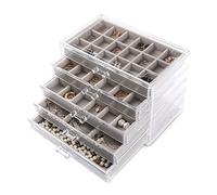 Frebeauty Boîte de rangement en acrylique transparent pour bijoux et boucles d'oreilles avec 5 tiroirs et plateaux en velours pour femme - Pour bagues et clous d'oreilles, gris