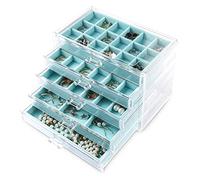 Frebeauty - Boîte de rangement en acrylique transparent pour bijoux et boucles d'oreilles avec 5 tiroirs et plateaux en velours pour femme, pour bagues et clous d'oreilles, turquoise