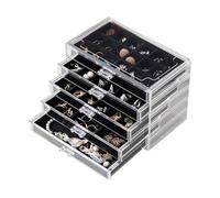 Frebeauty Boîte de rangement en acrylique transparent pour bijoux et boucles d'oreilles avec 5 tiroirs et plateaux en velours pour femme - Pour bagues et clous d'oreilles, noir
