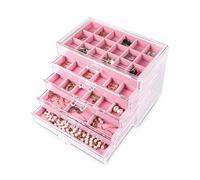 Frebeauty Boîte de rangement en acrylique transparent pour bijoux et boucles d'oreilles avec 5 tiroirs et plateaux en velours pour femme - Pour bagues et clous d'oreilles, rose