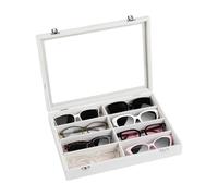 Frebeauty Boîte de rangement pour lunettes de soleil, plateau à 11 compartiments avec couvercle transparent, étui à lunettes pour homme/femme (Blanc)