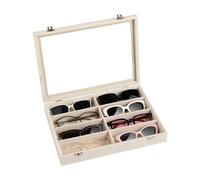 Frebeauty Boîte de rangement pour lunettes de soleil, plateau à 8 compartiments avec couvercle transparent, étui à lunettes pour homme/femme (beige)
