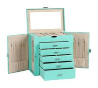 Frebeauty Grande Boîte à Bijoux 6 Niveaux, Organiseur en Similicuir avec Serrure et Miroir, Boîte de Rangement avec 5 Tiroirs pour Colliers, Bagues, Boucles d’Oreilles et Accessoires (Turquoise)