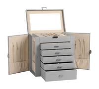 Frebeauty Grande Boîte à Bijoux 6 Niveaux, Organiseur en Similicuir avec Serrure et Miroir, Boîte de Rangement avec 5 Tiroirs pour Colliers, Bagues, Boucles d’Oreilles et Accessoires (Gris)