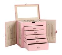 Frebeauty Grande boîte à bijoux, organisateur de bijoux en similicuir à 6 niveaux, étui de rangement multifonction avec miroir, support d'accessoires avec 5 tiroirs pour colliers, bracelets, montres