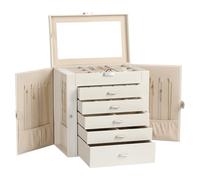 Frebeauty Grande boîte à bijoux, organiseur à bijoux à 6 niveaux en similicuir avec serrure, étui de rangement multifonction avec miroir, support d'accessoires avec 5 tiroirs pour colliers(Blanc)
