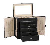 Frebeauty Grande boîte à bijoux, organiseur à bijoux à 6 niveaux en similicuir avec serrure, étui de rangement multifonction avec miroir, support d'accessoires avec 5 tiroirs pour colliers（Noir）
