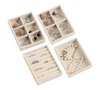 Frebeauty Lot de 4 petits plateaux à bijoux empilables en velours - Mini organisateur de tiroir - Inserts de tiroir - Organisateur de boucles d'oreilles pour femmes et filles (Lot de 4, beige)