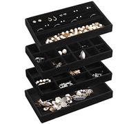 Frebeauty Lot de 4 plateaux de rangement empilables en velours pour bijoux, inserts de tiroirs et boucles d'oreilles pour femmes et filles, présentoir pour bagues, colliers et clous d'oreilles, noir