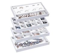 Frebeauty Lot de 4 plateaux de rangement empilables en velours pour bijoux, inserts de tiroirs pour femmes et filles, présentoir pour bagues, colliers et boucles d'oreilles, blanc