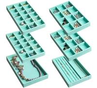 Frebeauty Lot de 6 plateaux de rangement de bijoux empilables en velours, inserts de tiroirs pour femmes, présentoir de bijoux pour bagues, colliers et clous d'oreilles (turquoise)