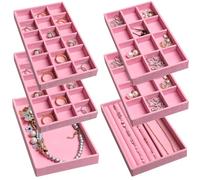 Frebeauty Lot de 6 plateaux de rangement de bijoux, empilables en velours, inserts de tiroirs pour femmes, présentoir de bijoux (rose)
