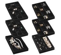 Frebeauty Lot de 6 plateaux de rangement empilables en velours pour bijoux, inserts de tiroirs pour femmes et filles, présentoir pour bagues, colliers et boucles d'oreilles, noir