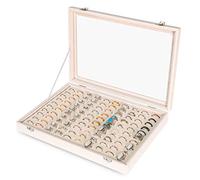 Frebeauty Organiseur de bagues avec 100 compartiments, couvercle transparent en velours, plateau à bijoux, pour femmes et filles (beige)