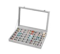 Frebeauty Plateau à bijoux à 48 compartiments, organiseur de boucles d'oreilles réglable avec couvercle en verre, tiroir en velours pour bagues, clous, 35 x 24 x 5 cm, cadeau pour femme (gris)