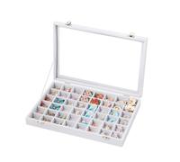Frebeauty Plateau à bijoux à 48 compartiments, organiseur de boucles d'oreilles réglable avec couvercle en verre, tiroir en velours pour bagues, clous, 35 x 24 x 5 cm, cadeau pour femme (blanc)