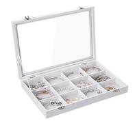 Frebeauty plateau de bijoux 12 compartiments de rangement de bijoux en velours avec couvercle transparent tiroir porte - bijoux boîte avec clasp bracelet collier femmes (Blanc,12 compartiments)