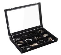 Frebeauty plateau de bijoux 12 compartiments de rangement de bijoux en velours avec couvercle transparent tiroir porte - bijoux boîte avec clasp bracelet collier femmes (Noir,12 compartiments)