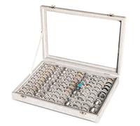 Frebeauty Plateau de rangement de bagues en velours avec 100 emplacements avec couvercle transparent pour bijouterie, vitrine pour femme (gris)