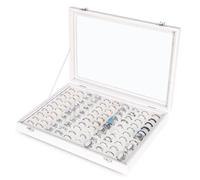 Frebeauty Plateau de rangement de bagues en velours avec couvercle transparent - 100 emplacements pour bijoux - Présentoir à bagues pour femme (blanc)